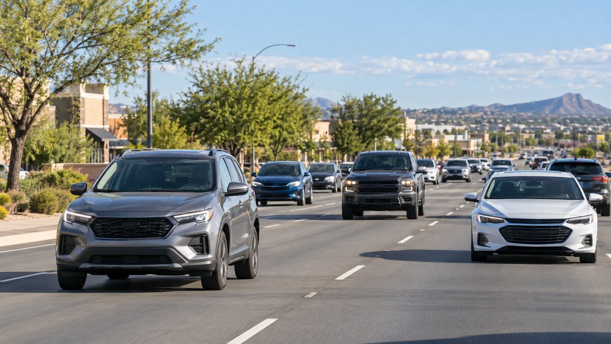 米国の道路を走る乗用車のイメージ